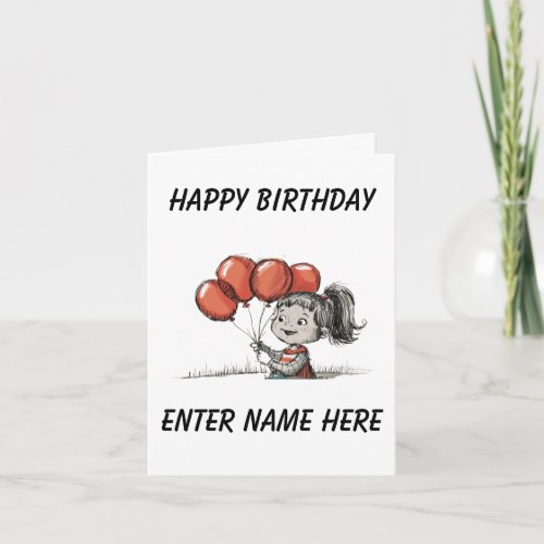 Girl with red balloons birthday card