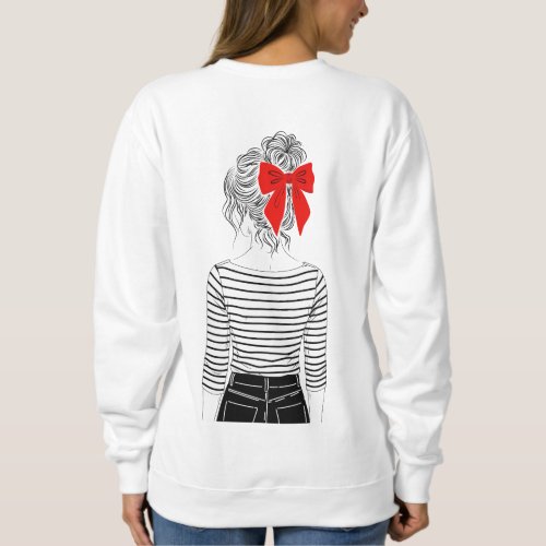 Girl with Red Bow Bun Striped Shirt Back Print Sw