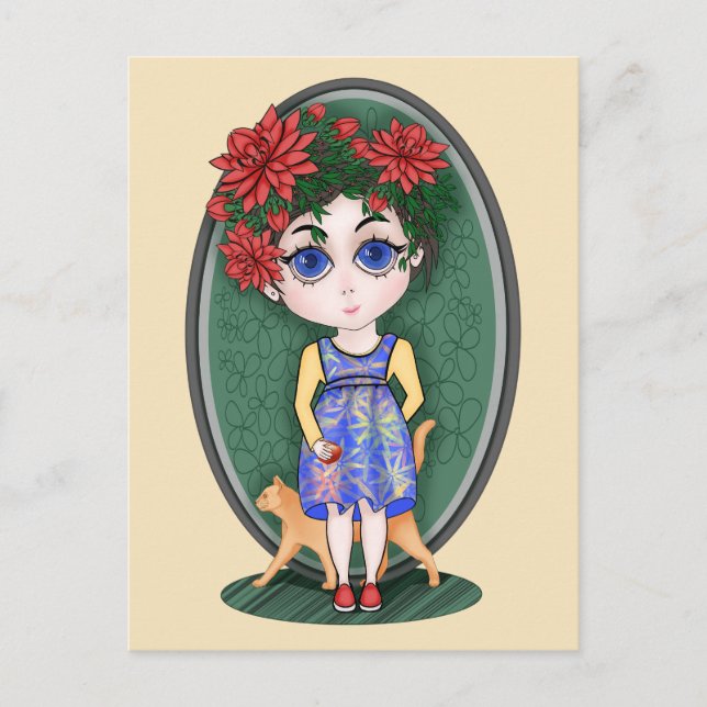 Girl with red cat and apple. Chibi Style.  Postcard (Front)