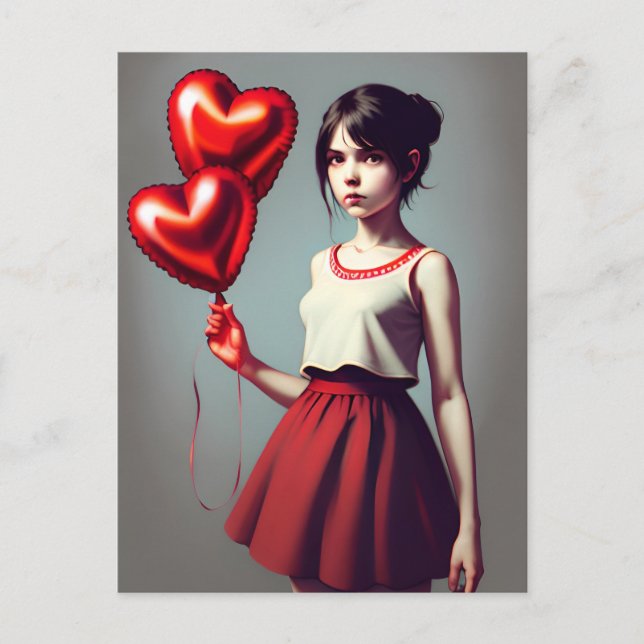 Girl with red heart balloon postcard (Front)