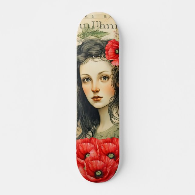 Girl with Red Poppies Vintage Inspired Skateboard  (Front)