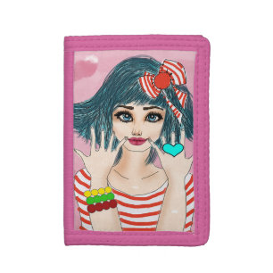 Girl With Red Ribbon -TriFold Nylon Wallet