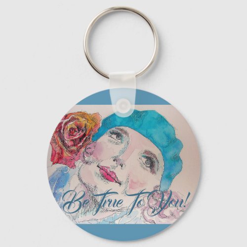 Girl With Red Rose Be True To You Button Key Ring