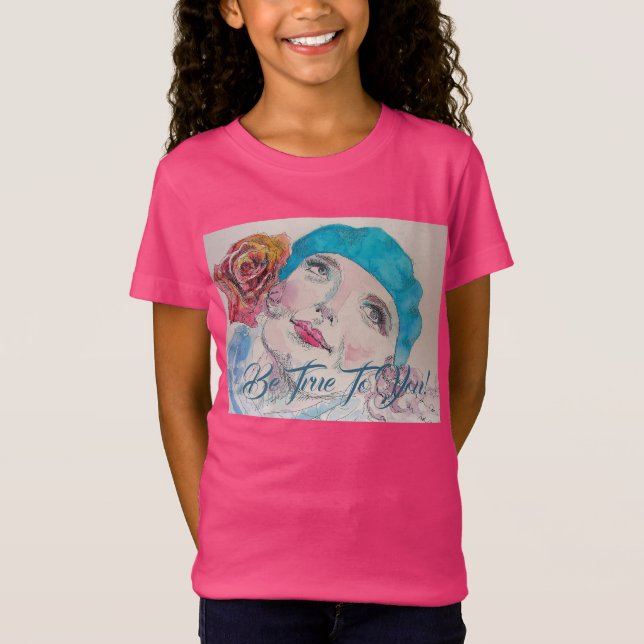 Girl With Red Rose Beret Be True Girls T Shirt (Front)