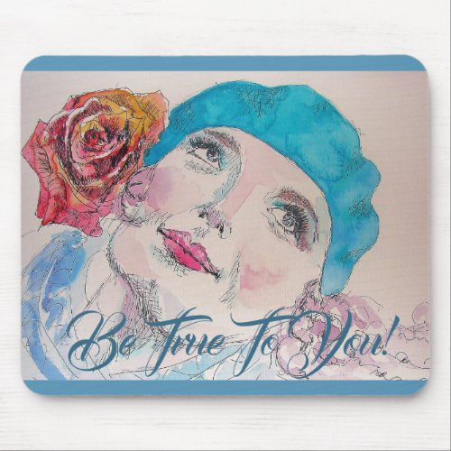 Girl With Red Rose Beret Be True Mouse Mat Pad