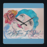 Girl With Red Rose Beret Be True To You Clock<br><div class="desc">Girl With Red Rose Beret Be True To You Clock. A lovely & practical gift! Designed from one of my original watercolour paintings!</div>