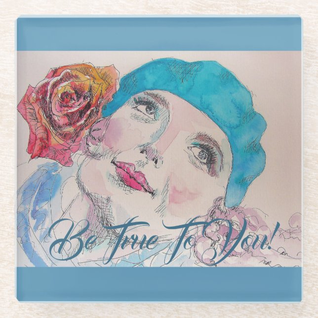 Girl With Red Rose Beret Be True To You Coaster (Front)