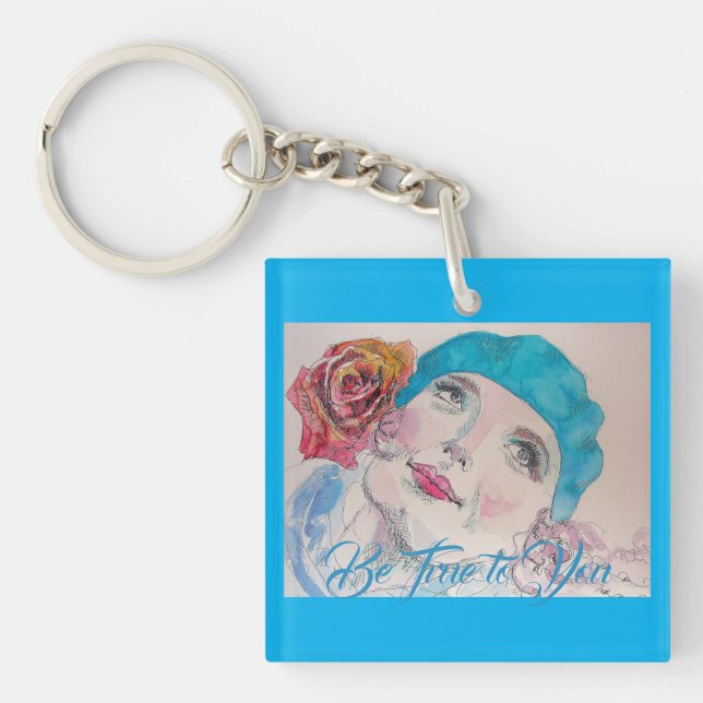 Girl with Red Rose Beret Be True To You Keyring (Front)