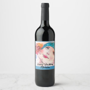 Girl with Red Rose Beret Birthday Party Womens Wine Label