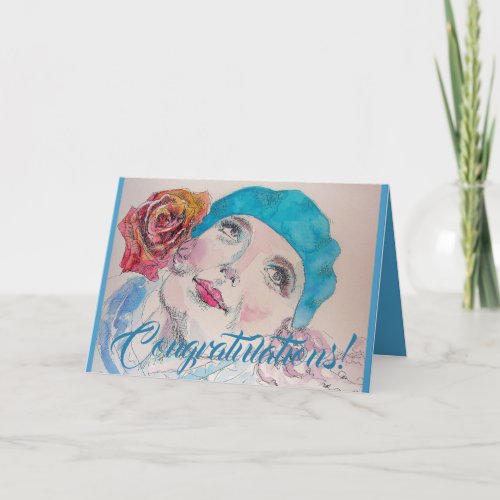 Girl with Red Rose Beret Congratulations Card