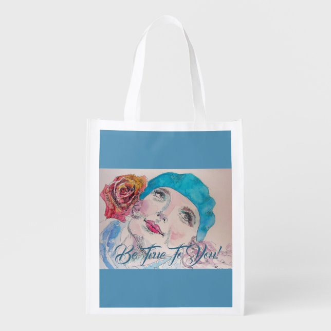 Girl With Red Rose Beret Reusable Grocery Bag (Front)
