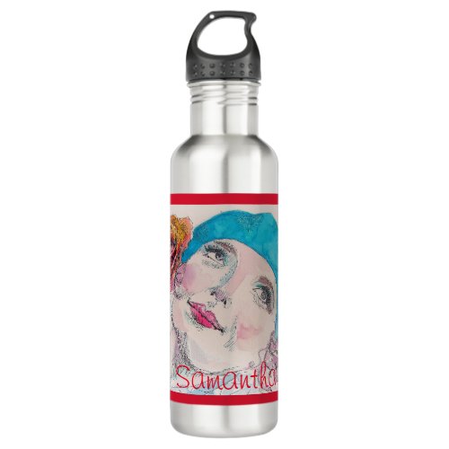 Girl with Red Rose Beret Watercolor Be True To You Stainless Steel Water Bottle