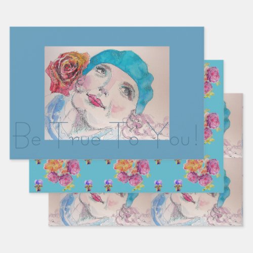 Girl With Red Rose Beret Watercolor Be True To You Wrapping Paper Sheets