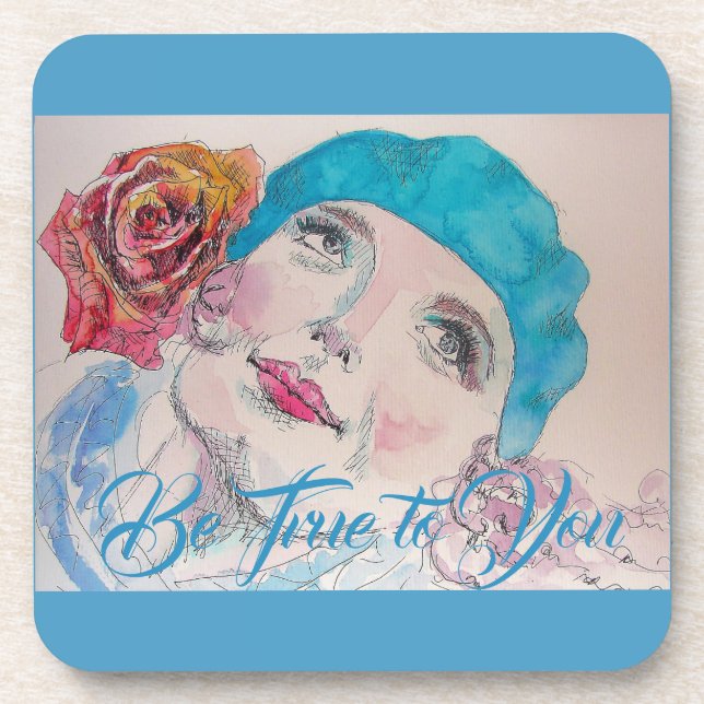 Girl with Red Rose Beret Watercolor Beverage Coaster (Front)
