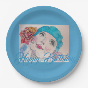 Girl with Red Rose Beret Watercolor Birthday Card Paper Plates