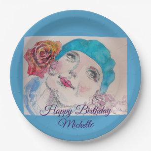 Girl with Red Rose Beret Watercolor Birthday Card Paper Plates