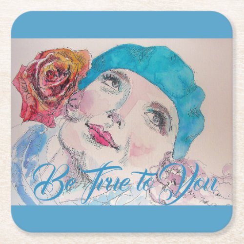 Girl with Red Rose Beret Watercolor Coaster