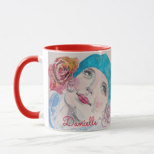 Girl with Red Rose Beret Watercolor Floral Flower  Mug