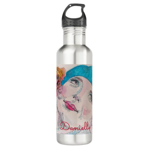 Girl with Red Rose Beret Watercolor Floral Flower  Stainless Steel Water Bottle