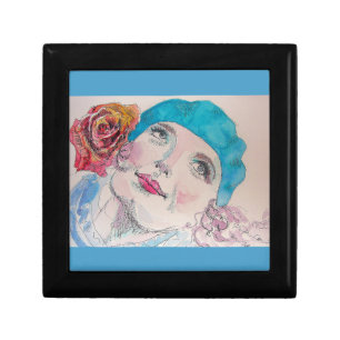 Girl with Red Rose Beret Watercolor Gift Box