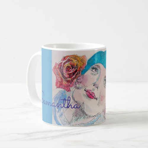 Girl with Red Rose Beret Watercolor Girls Name Coffee Mug