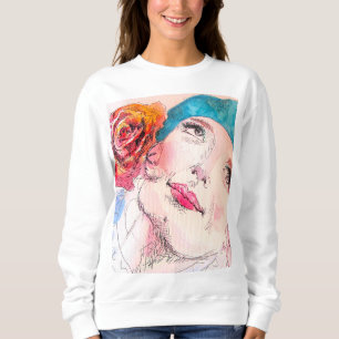 Girl with Red Rose Beret Watercolor Girls Pink Sweatshirt