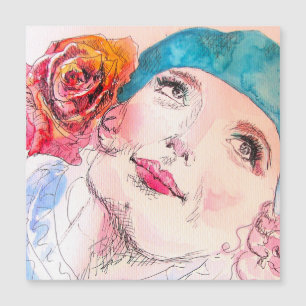 Girl with Red Rose Beret Watercolor Magnetic Card