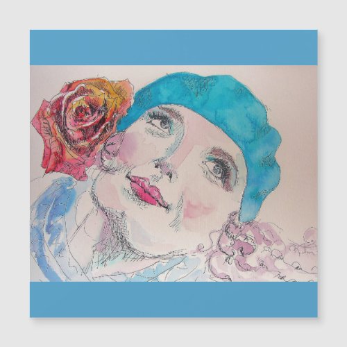 Girl with Red Rose Beret Watercolor Magnetic Card