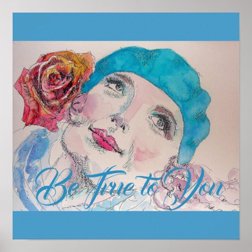 Girl with Red Rose Beret Watercolor Poster