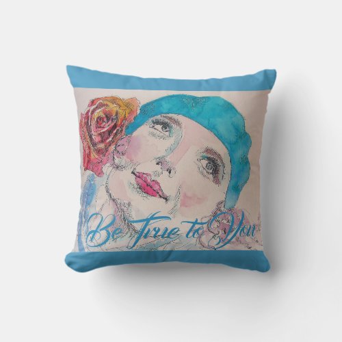 Girl with Red Rose Beret Watercolor Teal Cushion