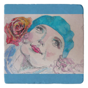 Girl with Red Rose Beret Watercolor Trivet