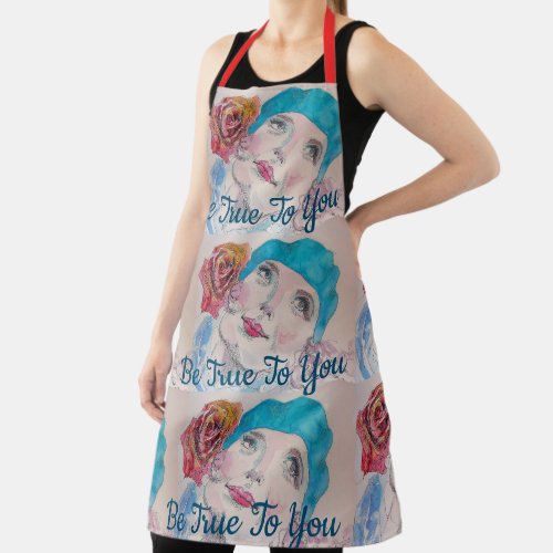 Girl With Red Rose Watercolor Beret Teal Red Apron