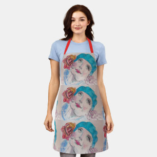 Girl With Red Rose Watercolor Beret Teal Red Apron
