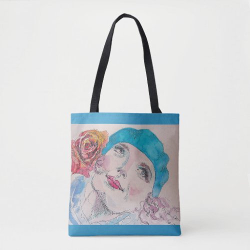 Girl with Red Rose Watercolour Grocery Tote Bag