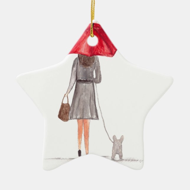 Girl with red umbrella ceramic ornament (Front)