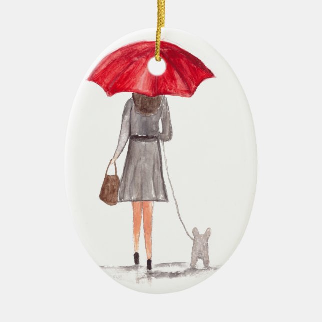 Girl with red umbrella ceramic ornament (Front)