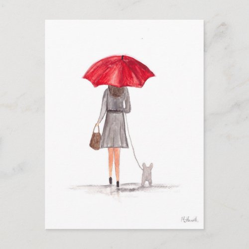 Girl with red umbrella feminine girly watercolor  postcard