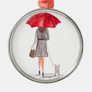 Girl with red umbrella watercolor dog cute metal ornament