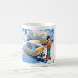 Girl with retro snowmobile  coffee mug