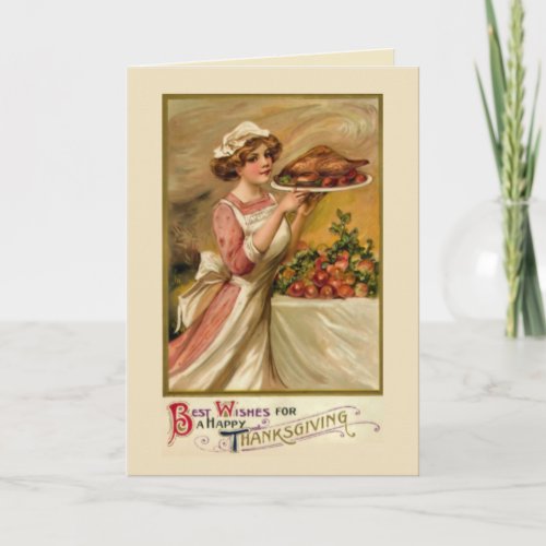 Girl with roast turkey holiday card