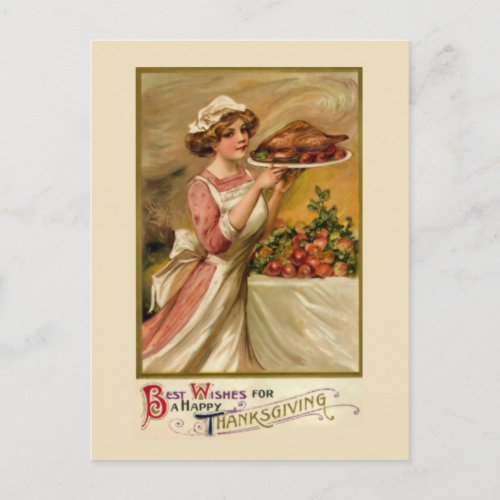 Girl with roast turkey holiday postcard