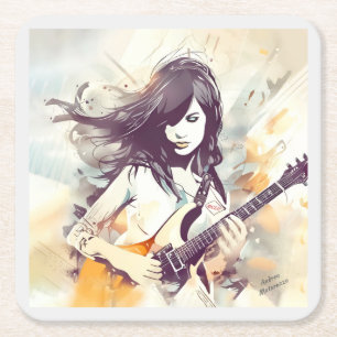 Girl with rock music vibes square paper coaster