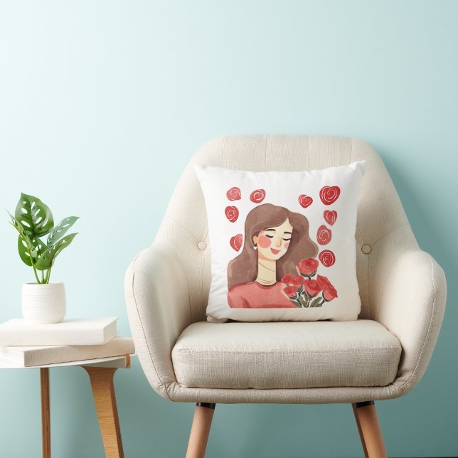 Girl with Roses valentines day special gift  Throw Pillow (Creator Uploaded)