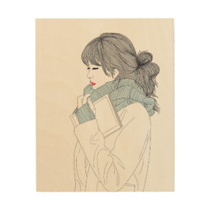 Girl with scarf and book wood wall art