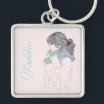Girl with scarf cool graphic illustration keychain<br><div class="desc">Cool girl with blue scarf holding a book cute illustration in graphic art style. Cute trendy style illustration.</div>