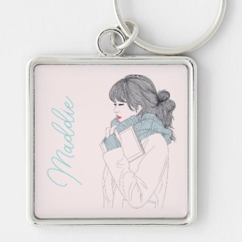 Girl With Scarf Cool Graphic Illustration Keychain by Juicyhues at Zazzle