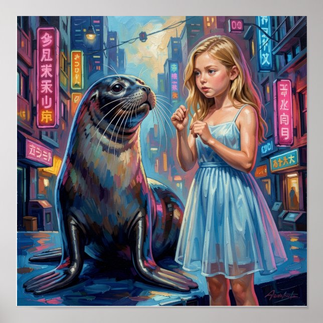 Girl with Seal in Hyperrealistic Neo-Impressionist Poster (Front)