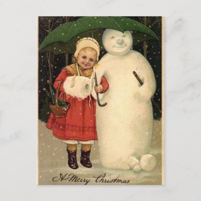 Girl with Snowman Holiday Postcard (Front)