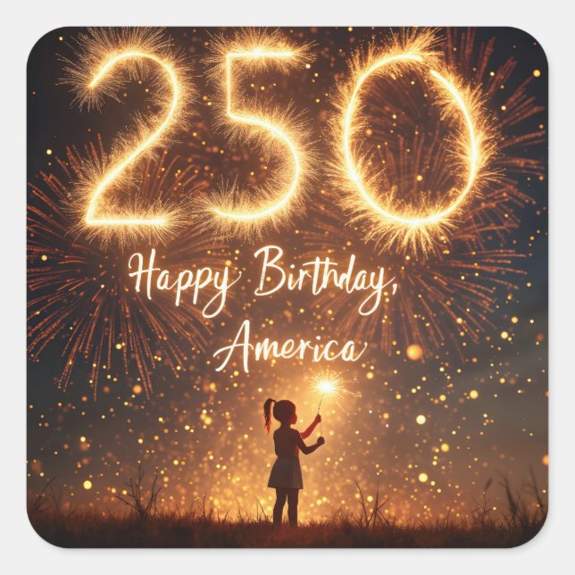 Girl With Sparklers For America's 250th Birthday Square Sticker (Front)