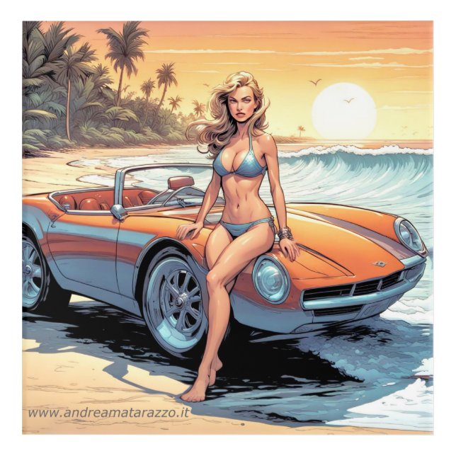 Girl with sports car acrylic print (Front)